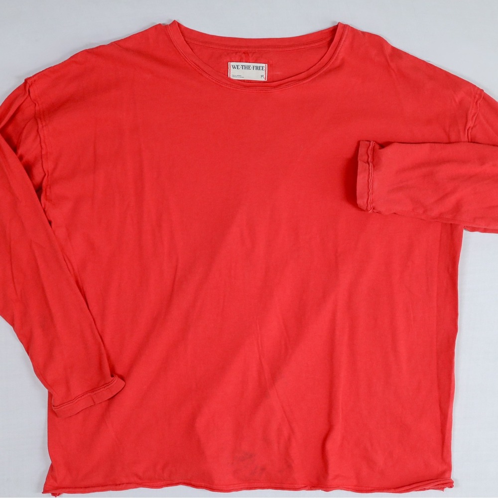 We The Free Long Sleeve T-Shirt Womens Medium Red Oversized Raw Hem Cotton Tee - Picture 4 of 13